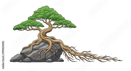 Bonsai tree on rock formation.