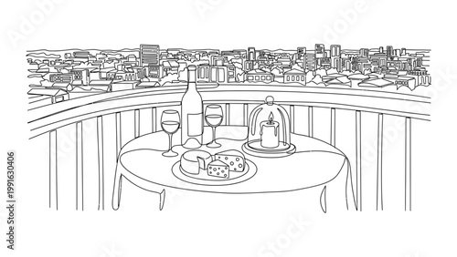 A romantic dinner on a balcony overlooking cityscape.