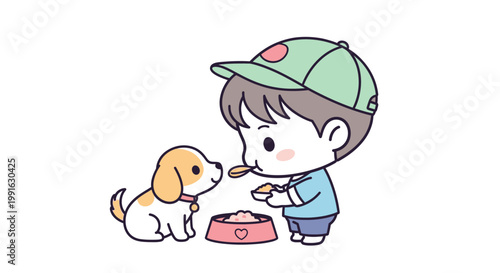 Boy Feeding Dog With Spoon.