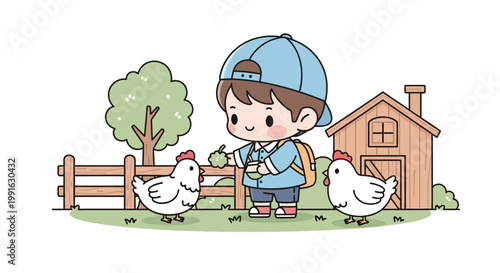 Boy standing with chickens on grass.