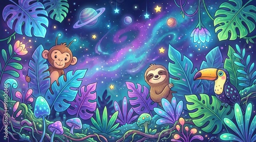 Playful Monkeys and Sloths Surrounded by Colorful Jungle and Stars in a Whimsical Galaxy Scene