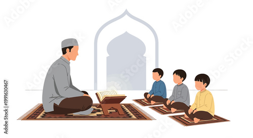 An illustration of a man teaching three young boys how to read the quran on prayer mats in a mosque with an archway in the background