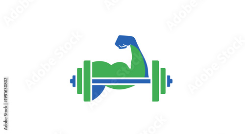 Green dumbbell flexing arm logo symbol.