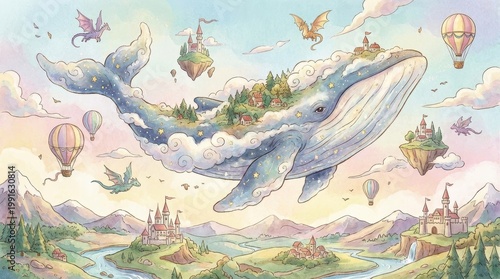 Fantasy Landscape With Whale Floating Above Enchanted Islands Surrounded By Balloons And Nature