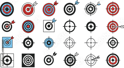 Target and Crosshair Icon Set with Bullseye Aim Symbols Precision Shooting Marks and Goal Achievement Elements for UI Design and Strategy Concepts.