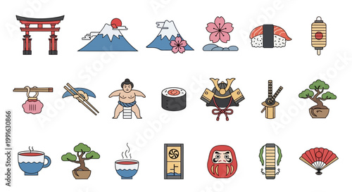 Japanese culture icons and symbols.