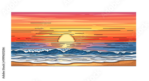 Sun Setting Over Ocean Waves Horizon.