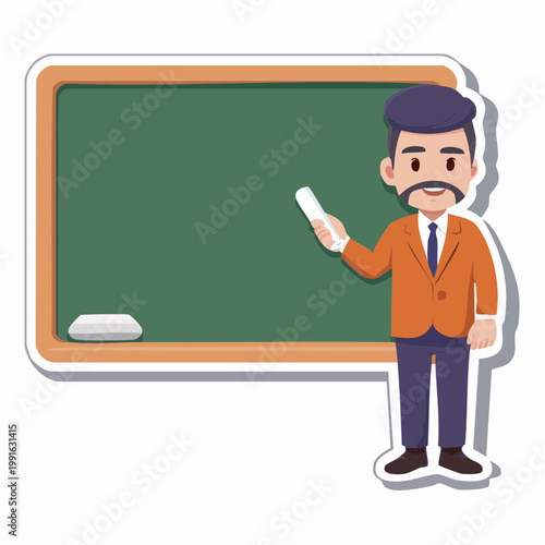 Cartoon teacher holding chalk in front of a blackboard
