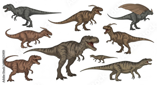 Collection of various dinosaur species in different poses and sizes.