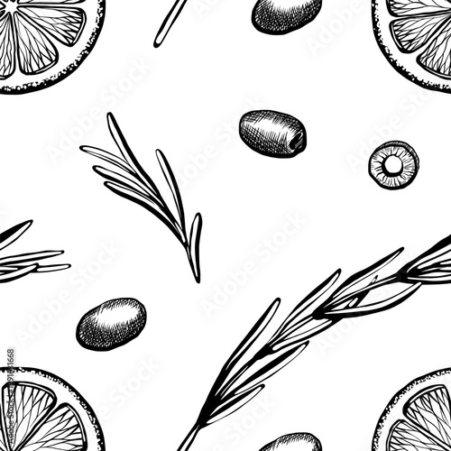 Mediterranean herbs and lemon seamless pattern in minimalist vector line art. Repeating citrus, olive and rosemary background for organic cosmetic packaging, healthy food wrap and textile print