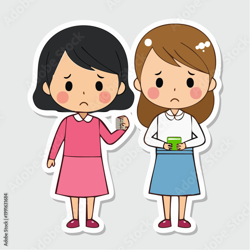 Two sad cartoon girls with a thermometer and a book