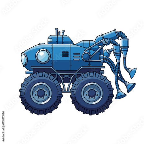 Large blue robotic vehicle with drill.