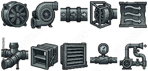 A pixel art collection of industrial ventilation components including fans, pipes, vents, and gauges, rendered in shades of gray with a clean, graphic style.