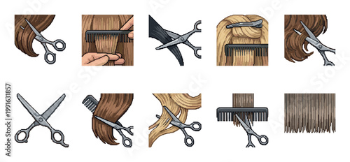A collection of pixel art icons showcasing various stages of a haircut using scissors and combs, ideal for design or infographic use.