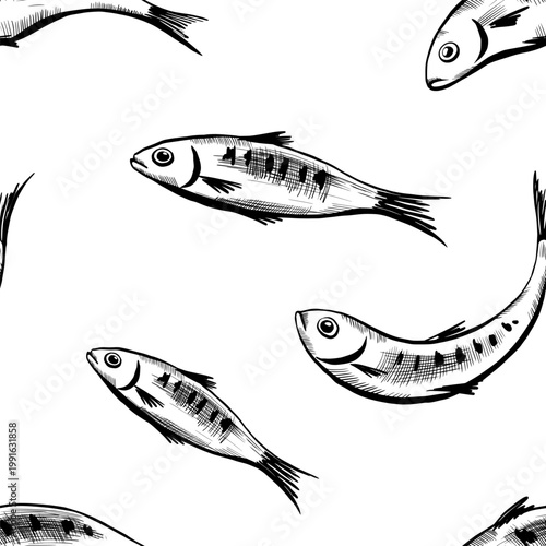 Sardine fish seamless pattern in minimalist black and white vector line art. Repeating nautical background for seafood packaging, marine textile print, organic food wrapping and wallpaper design