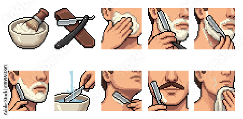 This pixel art set illustrates the step-by-step process of shaving with a straight razor, including applying foam and rinsing the blade.