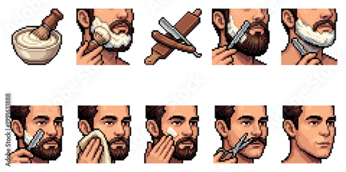 Pixel art illustrations show a man grooming his beard using shaving cream, a brush, a razor, scissors, and a towel.