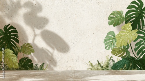 Monstera plant leaves casting shadows on a beige wall design background