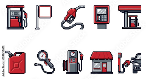 A collection of pixel art icons featuring various gas station elements like pumps, a sign, a gas can, and a car refueling, perfect for retro game design or nostalgic branding.
