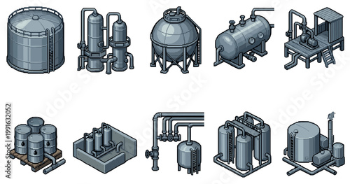 This pixel art collection features various industrial tanks, distillation columns, and piping systems in shades of gray, perfect for game development or infographics.
