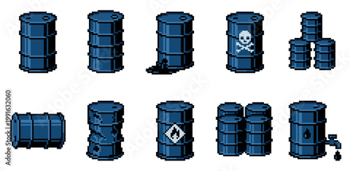 A pixel art collection of blue industrial barrels, some labeled with hazard symbols like skull and crossbones, and others showing leaks or drips, representing dangerous substances.