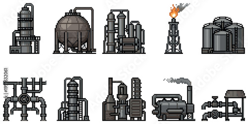 A collection of pixel art illustrations depicting various industrial factory elements and machinery, including distillation towers, storage tanks, and a flare stack with flames.