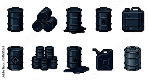 A collection of pixel art illustrations featuring various dark-colored oil barrels, jerrycans, and spilling liquid, isolated on a white background.