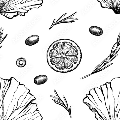 Salad and herbs seamless pattern in minimalist vector line art. Repeating lettuce leaf, lemon, olive and rosemary background for vegan food packaging, organic cafe branding and healthy textile print