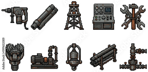 A collection of weathered pixel art industrial equipment and tools, including a drill, pipes, oil rig, control panel, and wrenches.