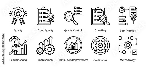 Icon set focused on quality assurance,standardization,and continuous improvement processes.Suitable for business,manufacturing,and operational excellence projects.