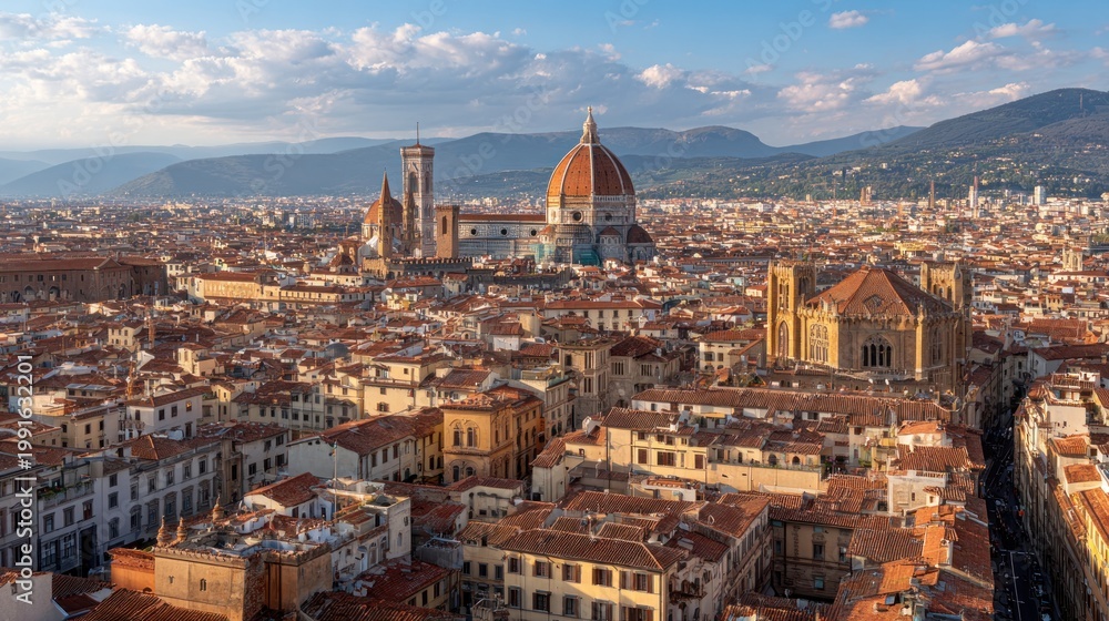 Fototapeta premium Panoramic cityscape featuring buildings and dome against clear sky