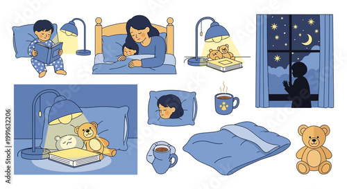 Set of cute illustrations depicting bedtime routine and night time activities.