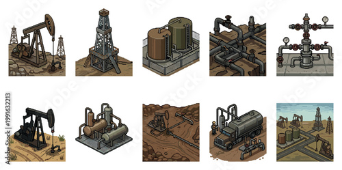 This pixel art collection showcases various isometric illustrations of oil extraction and processing equipment, including pumpjacks, derricks, pipelines, storage tanks, and a tanker truck.