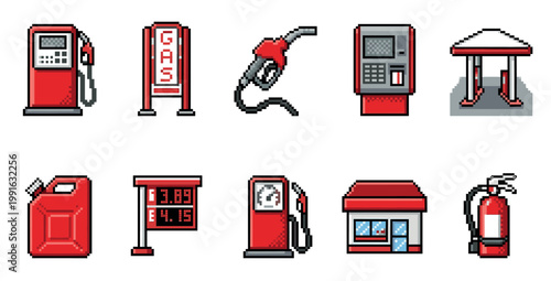 A collection of pixel art icons featuring various elements of a gas station, including pumps, a price sign, a gas can, and a small store.