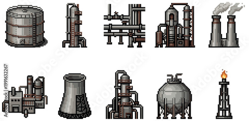 A collection of pixel art illustrations depicting various industrial structures and equipment, including tanks, pipes, towers, and factories with smoke, suitable for retro or tech themes.