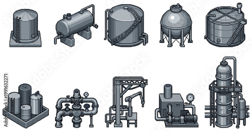 A collection of retro pixel art illustrations depicting various industrial tanks, pipes, valves, and a distillation column in grayscale tones.