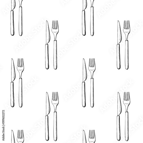 Cutlery seamless pattern in minimalist black and white vector line art. Repeating knife and fork background for restaurant textile, cafe menu design, catering service wrap and hospitality graphics