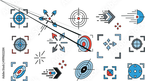 Targeting and Aim Interface Icons Set with Crosshair Tracking Arrows Focus Markers and Precision Shooting Symbols for UI Design and Navigation Systems.