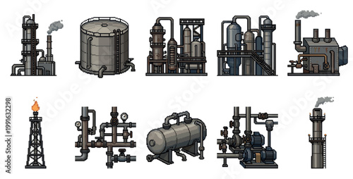 A collection of pixel art illustrations depicting various industrial plant elements including refineries, tanks, pipes, and flares against a white background.