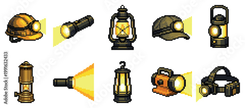 A collection of retro pixel art illustrations featuring various mining and lighting equipment like helmets, lanterns, and flashlights, all emitting a warm yellow glow.