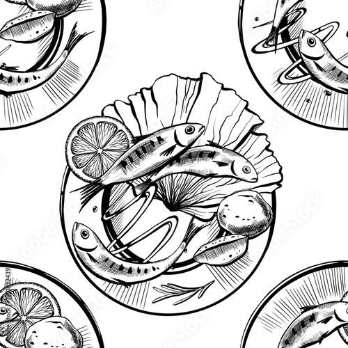 Sardine dish seamless pattern in minimalist black and white vector line art. Repeating plated seafood background for Mediterranean menu design, healthy food packaging and kitchen textile