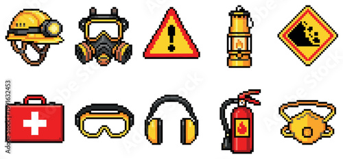 A collection of pixel art icons representing mining safety equipment and warnings, including a hard hat, gas mask, first aid kit, and warning signs.