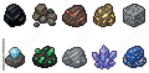 A collection of various pixel art mineral and gem icons, rendered in a retro video game style with a white background.
