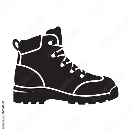 Stylized black and white vector illustration of a hiking boot designed for outdoor activities and adventure.