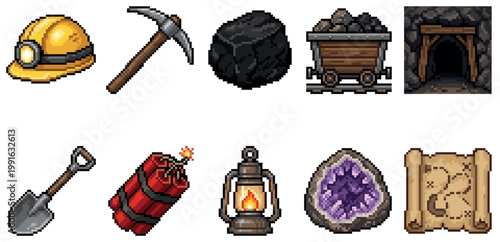 A pixel art collection featuring mining equipment, coal, a mine cart, a mine entrance, dynamite, a lantern, a geode, and a treasure map.