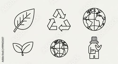 Set of environmental icons including leaf recycle symbol and globe.