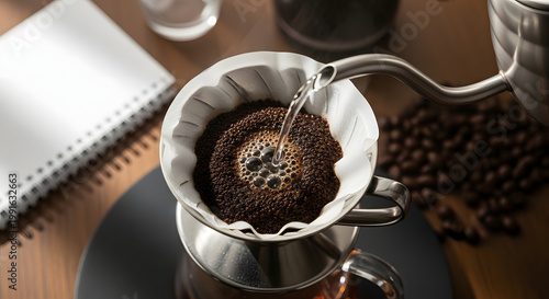 Close-up of freshly ground coffee being brewed using a pour-over method with hot water being poured from a gooseneck kettle.
