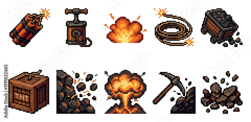A collection of pixel art icons depicting dynamite, detonator, explosions, coal, and mining tools, perfect for games or digital projects.