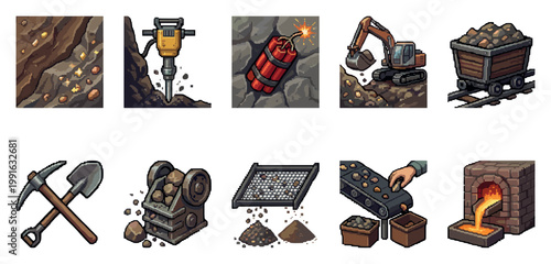 A collection of ten pixel art icons depicting various aspects of the mining industry, from extraction to processing, rendered in a retro video game style.