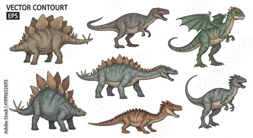 Collection of prehistoric dinosaur illustrations in vector format.